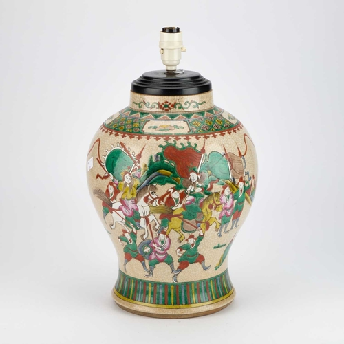 98 - A CHINESE CRACKLE-GLAZED BALUSTER VASE painted in polychrome enamels with warriors, bears a four-cha... 