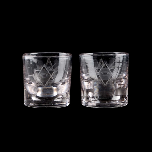 12 - A PAIR OF 19TH CENTURY MASONIC DECEPTIVE FIRING GLASSES each engraved with a square and compass to o... 