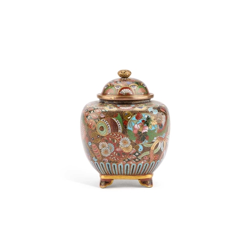 161 - A SMALL JAPANESE CLOISONNÃ ENAMEL JAR AND COVER late Meiji period, the domed cover with a foliate o... 