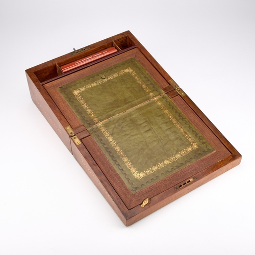 10 - A 19TH CENTURY WALNUT AND TUNBRIDGE WARE WRITING SLOPE rectangular, the hinged lid inlaid with a vie... 