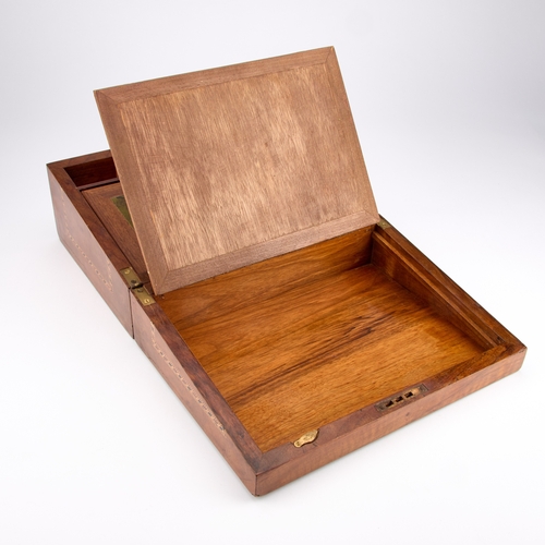 10 - A 19TH CENTURY WALNUT AND TUNBRIDGE WARE WRITING SLOPE rectangular, the hinged lid inlaid with a vie... 