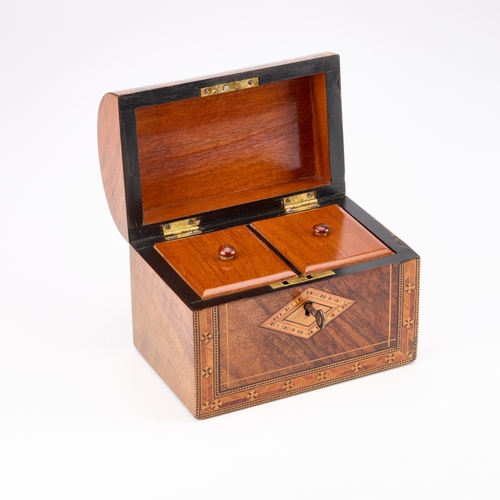 103 - A VICTORIAN INLAID WALNUT TEA CADDY with a domed top, decorated with Tunbridge type inlay, the inter... 