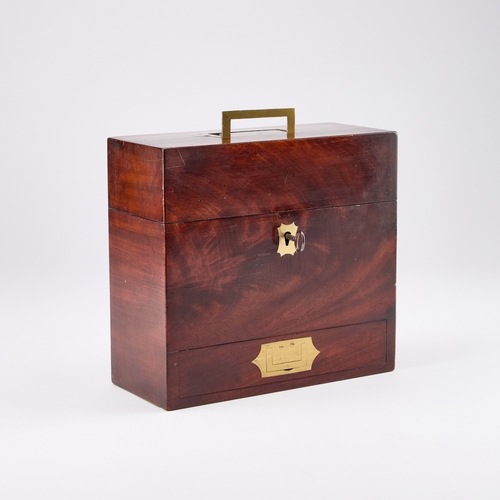 120 - A 19TH CENTURY MAHOGANY APOTHECARY BOX rectangular, containing various glass bottles, the base drawe... 