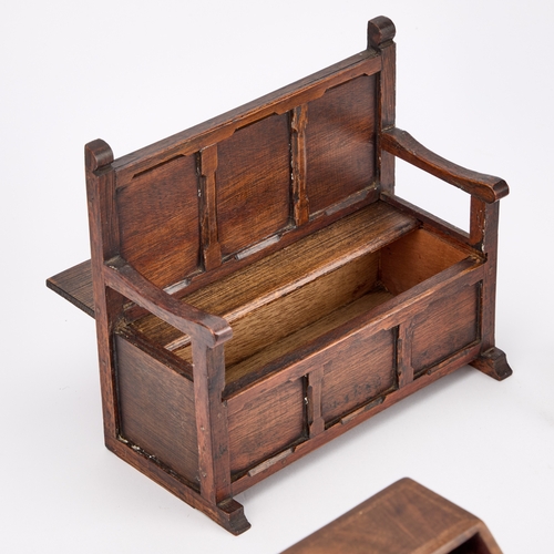 123 - SIX PIECES OF MINIATURE FURNITURE comprising four Windsor chairs, a bureau and a settle; along with ... 