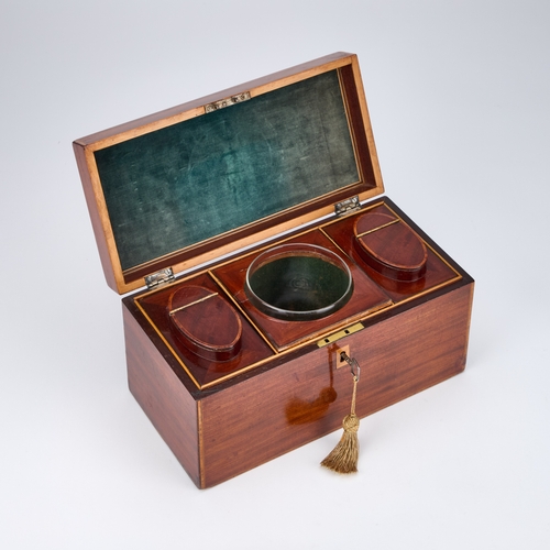 129 - A GEORGE III MAHOGANY TEA CADDY rectangular, satinwood banded and ebony strung, the hinged lid with ... 