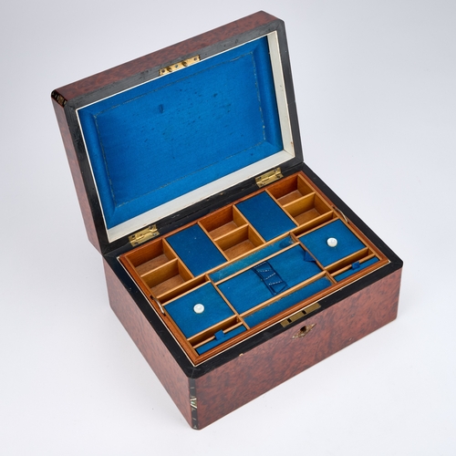 13 - A VICTORIAN AMBOYNA AND INLAID WORKBOX rectangular, the interior with a lift-out compartmentalised t... 