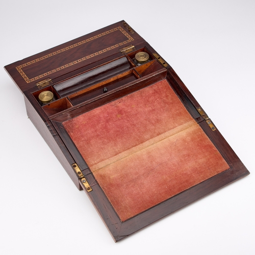 133 - A VICTORIAN TUNBRIDGE WARE WRITING SLOPE the hinged cover inlaid with a view of Tunbridge Castle, un... 