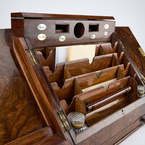 154 - A LARGE VICTORIAN BURR WALNUT SLANT-FRONT STATIONERY BOX the interior with inscribed mother-of-pearl... 