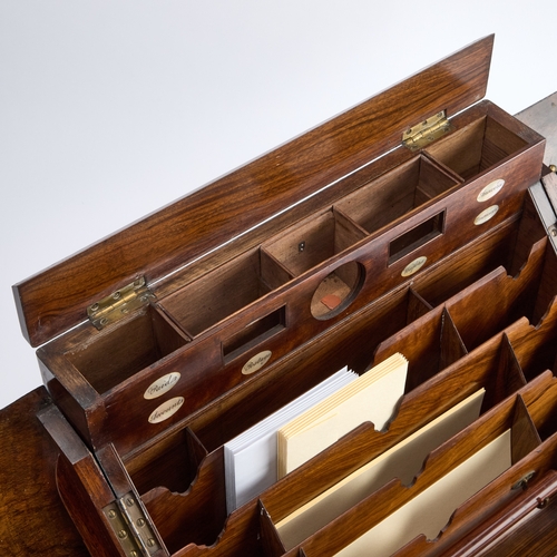 154 - A LARGE VICTORIAN BURR WALNUT SLANT-FRONT STATIONERY BOX the interior with inscribed mother-of-pearl... 