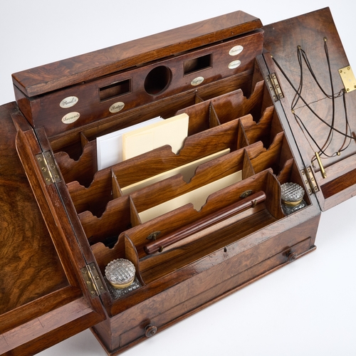 154 - A LARGE VICTORIAN BURR WALNUT SLANT-FRONT STATIONERY BOX the interior with inscribed mother-of-pearl... 