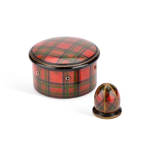 177 - TARTAN WARE (STUART) REEL BOX AND THIMBLE HOLDER the box of circular form with six apertures, the in... 