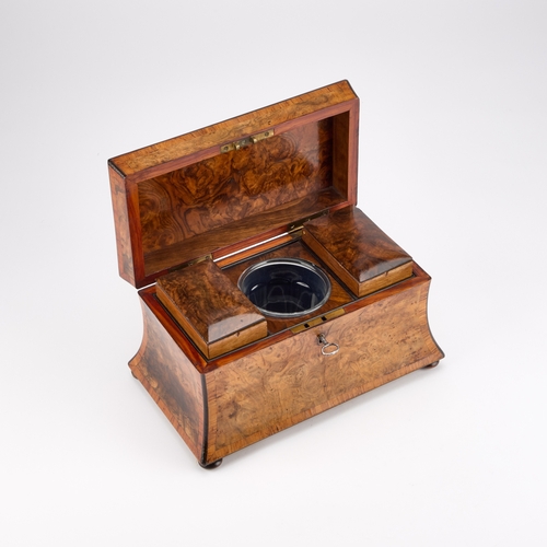 178 - A VICTORIAN BURR WALNUT TEA CADDY of bombe form with a domed cover, crossbanded in satinwood with eb... 