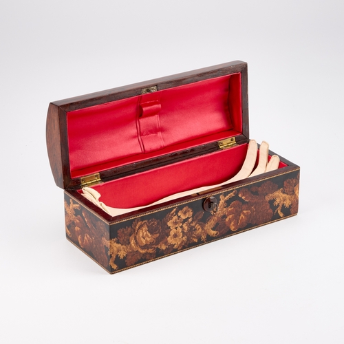 183 - A VICTORIAN ROSEWOOD AND TUNBRIDGE WARE GLOVE BOX the lid with a mosaic panel of Eton College, set i... 