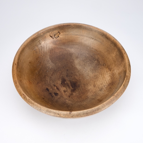 198 - A LARGE 19TH CENTURY SYCAMORE BOWL circular, with double linear decoration. 40cm diameter