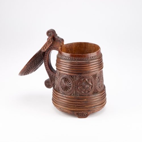 201 - A SCANDINAVIAN CHIP-CARVED TANKARD, NORWEGIAN OR DANISH, 19TH CENTURY of staved construction with be... 