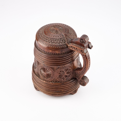 201 - A SCANDINAVIAN CHIP-CARVED TANKARD, NORWEGIAN OR DANISH, 19TH CENTURY of staved construction with be... 