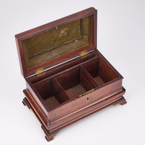 205 - A GEORGE III MAHOGANY VASULAR-MOULDED TEA CADDY with a brass carrying handle and ogee bracket feet. ... 