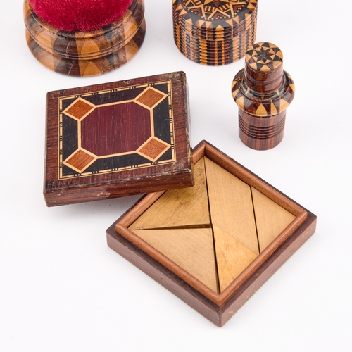 210 - FOUR PIECES OF TUNBRIDGE WARE comprising a euclid box by Thomas Barton, a counter box, a pin-cushion... 