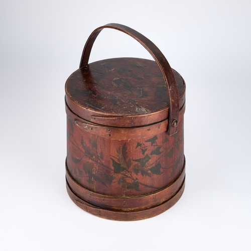 212 - A PAINTED PINE FIRKIN, 19TH/ 20TH CENTURY, LABEL OF WILLIAM WHITELEY, WESTBOURNE GROVE, LONDON the t... 