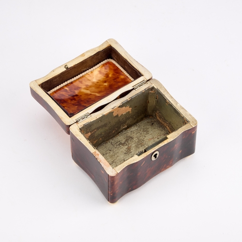 213 - Â§ A 19TH CENTURY TORTOISESHELL TEA CADDY rectangular, the interior vacant, raised on ivory bun feet... 