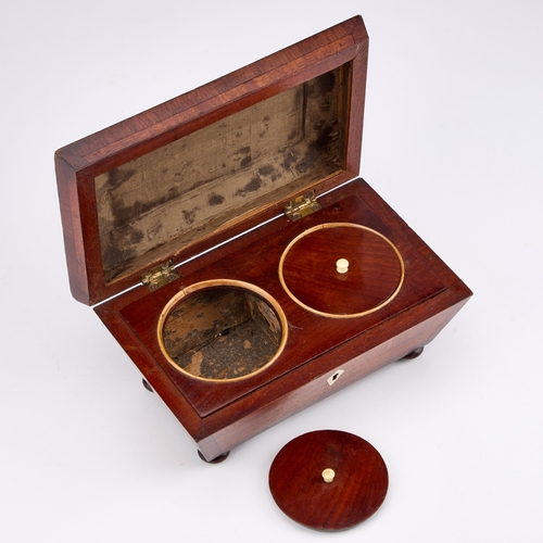 215 - AN EARLY 19TH CENTURY ROSEWOOD TEA CADDY of sarcophagus form, the interior with twin lidded circular... 