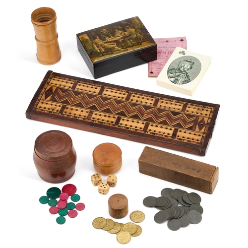 225 - A GROUP OF TREEN GAMES ITEMS including a cribbage board; a box decorated to the pull-off cover with ... 