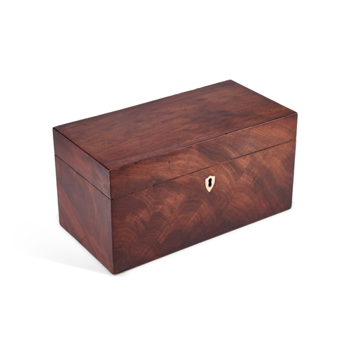 229 - A GEORGE III MAHOGANY TEA CADDY rectangular, the flame mahogany case containing a pair of lidded can... 