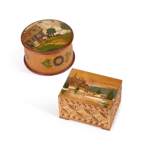 236 - TWO 20TH CENTURY CARVED AND PAINTED BOXES the first circular, with a landscape to the cover and naiv... 