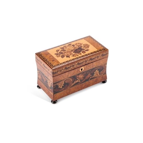 239 - A FINE VICTORIAN TUNBRIDGE WARE TEA CADDY of sarcophagus form, the hinged lid inlaid with a rose spr... 