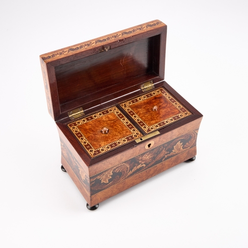 239 - A FINE VICTORIAN TUNBRIDGE WARE TEA CADDY of sarcophagus form, the hinged lid inlaid with a rose spr... 