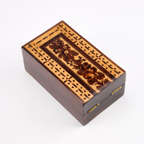 256 - A VICTORIAN TUNBRIDGE WARE MONEY BOX AND A CRIBBAGE BOX the first of rectangular form in rosewood, t... 