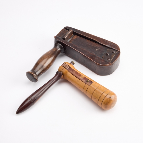 267 - A 19TH CENTURY TREEN BIRD SCARER, DATED 1874 stamped WT; together with a treen rattle. (2) First 15c... 