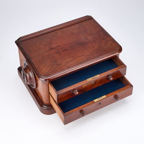 272 - A VICTORIAN MAHOGANY TWO-DRAWER DESK-TOP CHEST with a moulded edge and plinth base. 38cm wide