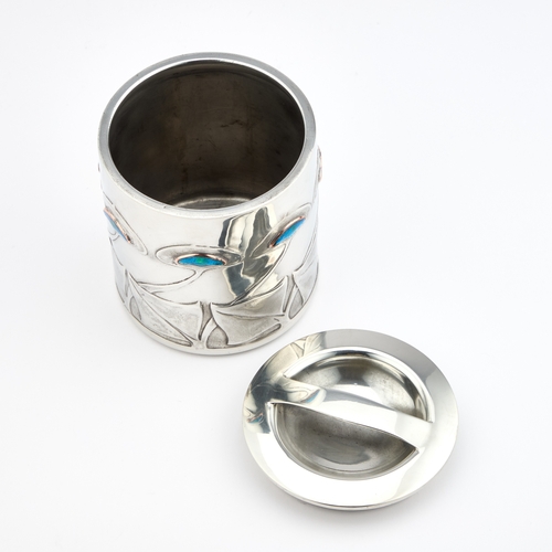 315 - ARCHIBALD KNOX (1864-1933) FOR LIBERTY & CO, A TUDRIC PEWTER AND ENAMEL BISCUIT BARREL cylindrical, ... 