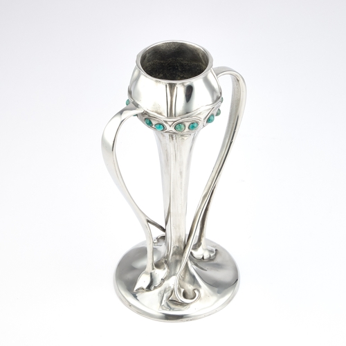 318 - ARCHIBALD KNOX (1864-1933) FOR LIBERTY & CO, A TUDRIC PEWTER AND FAUX TURQUOISE TULIP VASE the taper... 