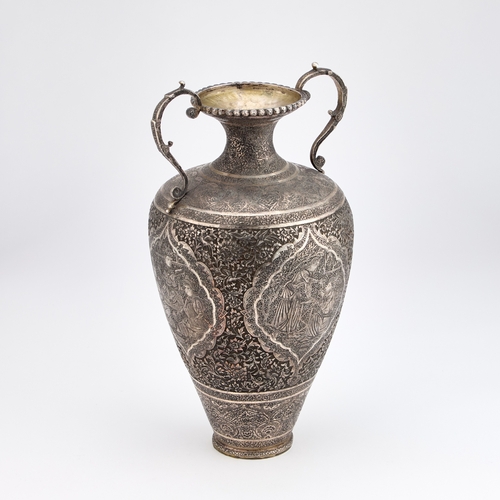 337 - A LARGE PERSIAN SILVER VASE of baluster form with S-scroll handles to the shoulder, the body decorat... 