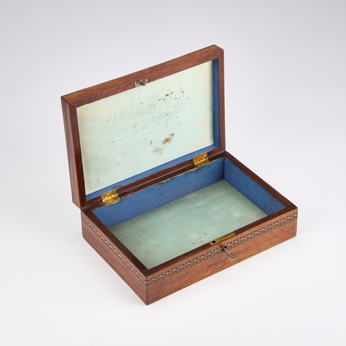 35 - A VICTORIAN ROSEWOOD AND TUNBRIDGE WARE BOX rectangular, the hinged lid inlaid with a view of Battle... 