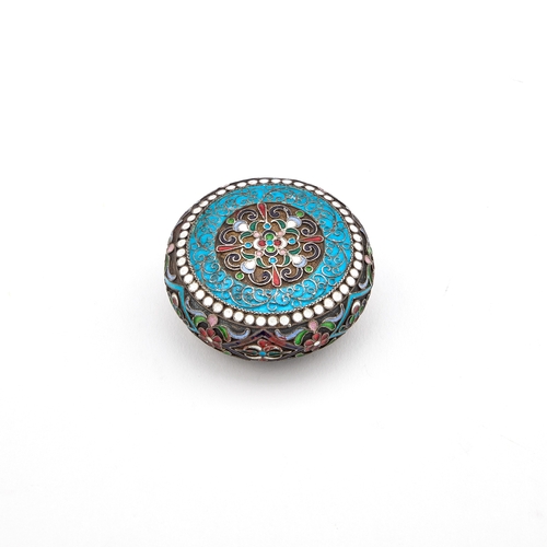 362 - A RUSSIAN SILVER AND ENAMEL SNUFF BOX St. Petersburg, Second Kokoshnik mark, bun-shaped, decorated w... 