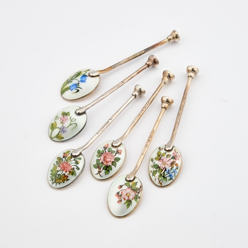 427 - A SET OF SIX ELIZABETH II SILVER AND ENAMEL SPOONS by Henry Clifford Davis, Birmingham 1961, each bo... 