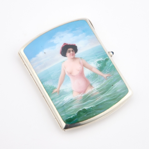 434 - AN EARLY 20TH CENTURY SILVER AND ENAMEL EROTIC CIGARETTE CASE import marks, Steinhart & Co, Birm... 