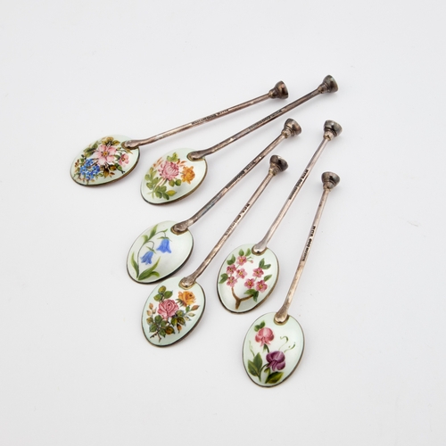 439 - A SET OF SIX ELIZABETH II SILVER AND ENAMEL SPOONS by Henry Clifford Davis, Birmingham 1957, each bo... 