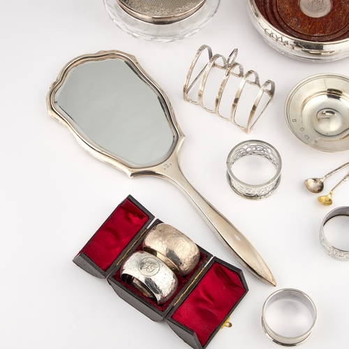 444 - A MIXED LOT OF SILVER including a silver-topped jar, five silver napkin rings, silver coaster, etc. ... 