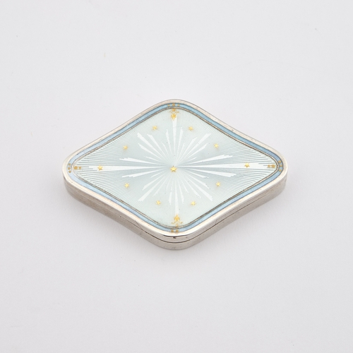 455 - A CONTINENTAL SILVER AND ENAMEL PILL BOX early 20th Century, lozenge-shaped, the pull-off cover deco... 