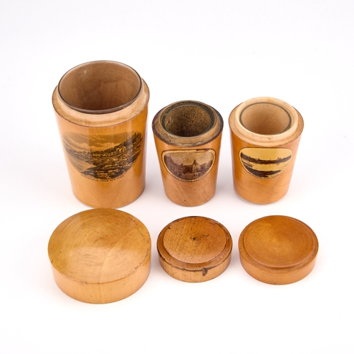 5 - THREE MAUCHLINE WARE GLASS HOLDERS each decorated with a titled and printed scene. (3) Tallest 10.5c... 