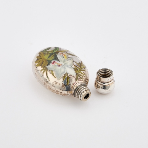 503 - A VICTORIAN SILVER AND ENAMEL SCENT BOTTLE by Sampson Mordan II, London 1887, oval, with a screw-dow... 