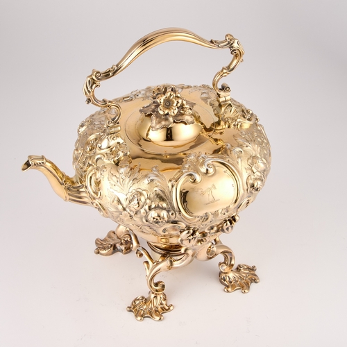 504 - A FINE WILLIAM IV SILVER-GILT SPIRIT KETTLE, STAND AND LAMP by Paul Storr, London 1832, the kettle o... 