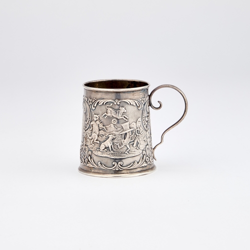 525 - A LATE VICTORIAN SILVER NURSERY RHYME MUG by Levi & Salaman, Birmingham 1899, of tapering cylind... 