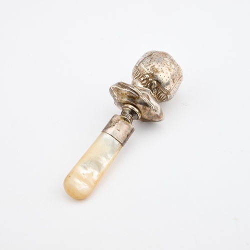 572 - A VICTORIAN SILVER AND MOTHER-OF-PEARL BABY'S RATTLE maker's mark rubbed, London 1881, the rattle mo... 