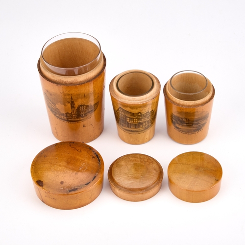 60 - THREE MAUCHLINE WARE GLASS HOLDERS each decorated with a titled and printed scene. (3) Tallest 10.5c... 