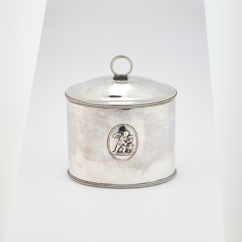 600 - A GEORGE III SILVER TEA CADDY by Andrew Fogelberg & Stephen Gilbert, London 1782, oval, the hing... 